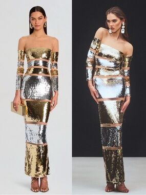 Retrofete Desi Gold Silver Stripe Sequin Maxi Dress NEW with tags